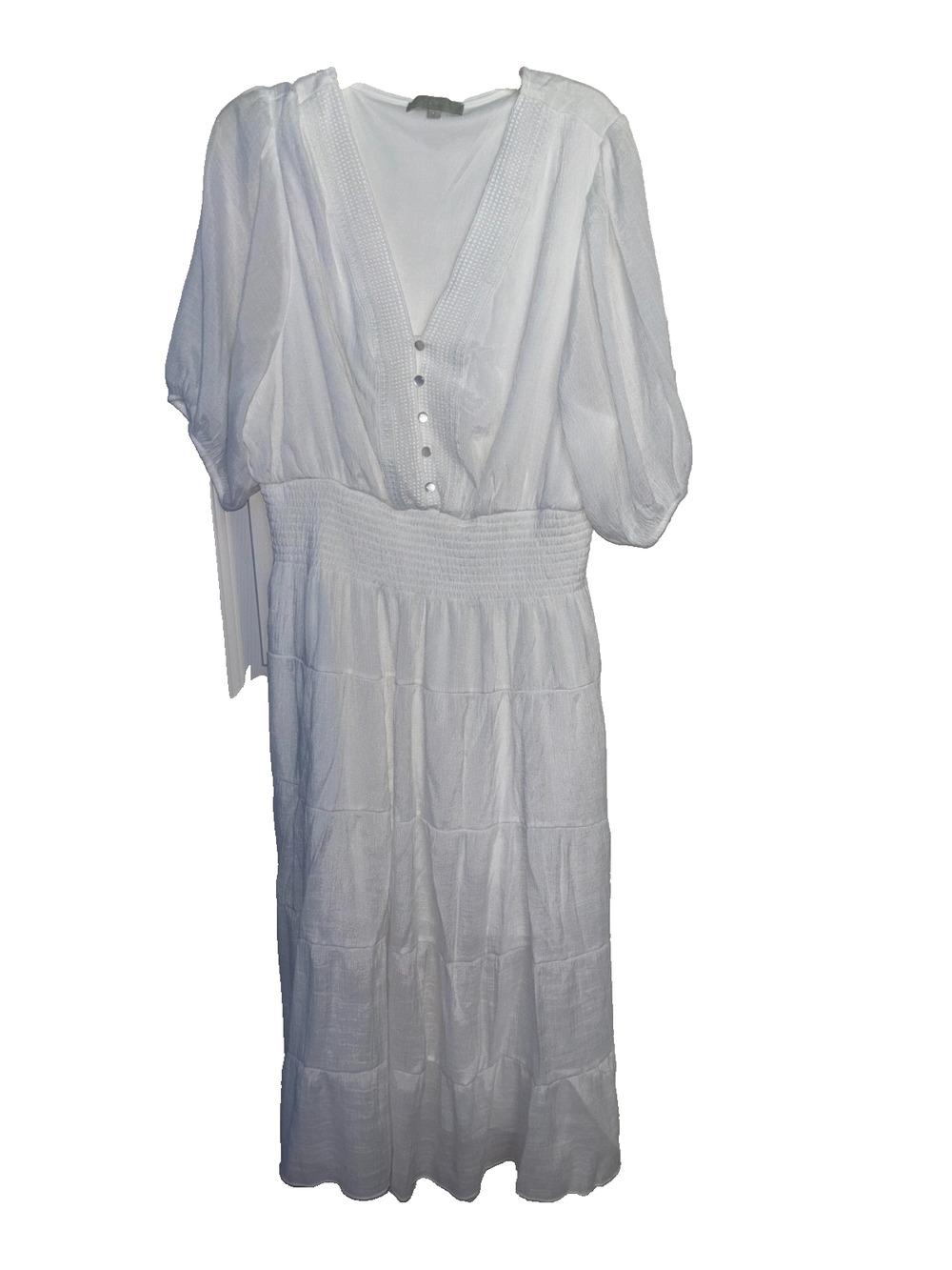 J Gee White Maxi Dress Womens 3X Boho Tiered Smocked Waist Puff Sleeve V Neck